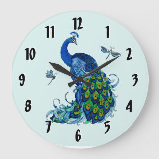 Grande Diseño de reloj redondo de pavo real y mosca negra