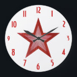 Grande La estrella roja "numera" el reloj blanco redondo<br><div class="desc">El diseño moderno con un rojo "brillante" y el blanco protagonizan en un fondo blanco. Reloj de pared con un diseño adaptable para que usted personalice con su propio texto, imágenes e ideas. Observe por favor que esto es una imagen impresa creada usando las fotografías originales y las técnicas digitales,...</div>