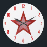Grande La estrella roja "numera" el reloj blanco redondo<br><div class="desc">El diseño moderno con un rojo "brillante" y el blanco protagonizan en un fondo blanco. Reloj de pared con un diseño adaptable para que usted personalice con su propio texto, imágenes e ideas. Observe por favor que esto es una imagen impresa creada usando las fotografías originales y las técnicas digitales,...</div>