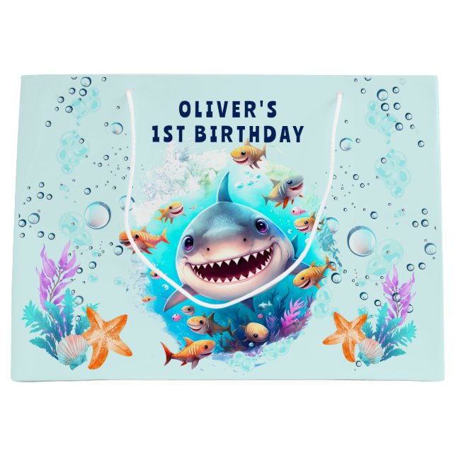 Grande Niño Tiburón Primer cumpleaños Bolsa de regalo gra (Anverso)