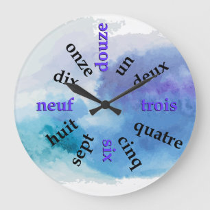 Grande Números francófonos Azul acuarela reloj redondo