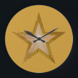 Grande Oro redondo del reloj de la estrella del "oro"<br><div class="desc">El diseño moderno con un oro "brillante" y el blanco protagonizan en un fondo del oro. Reloj de pared con un diseño adaptable para que usted personalice con su propio texto, imágenes e ideas. Observe por favor que esto es una imagen impresa creada usando las fotografías originales y las técnicas...</div>
