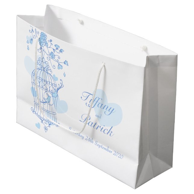 Grande Pájaros de amor azules bolsa de regalo para bodas  (Angulo Anverso)
