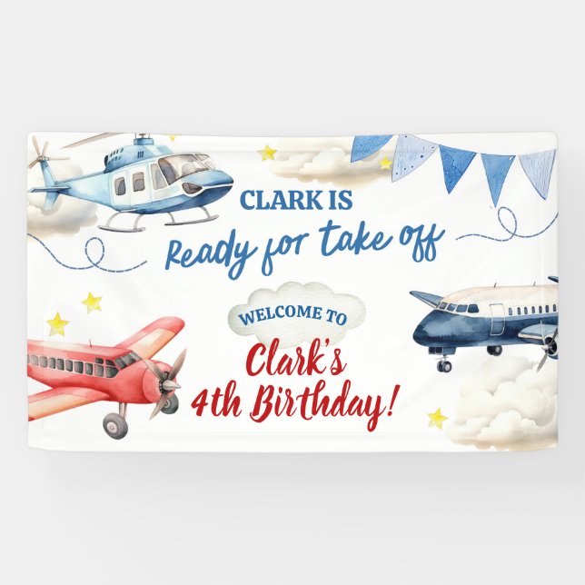 Grande pancarta de cumpleaños 4 del niño de avión (Horizontal)
