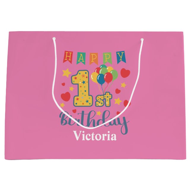 Grande Personalizado Feliz 1er cumpleaños Bolsa de regalo (Anverso)