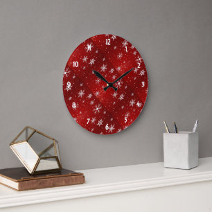Grande Reloj redondo de fondo rojo con copos de nieve bla