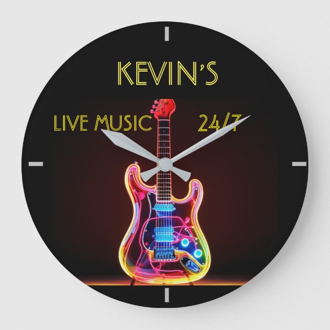 Grande Reloj redondo de guitarra acrílica Faux neon (Anverso)