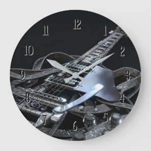 Grande Reloj redondo de guitarra eléctrica gris plateada