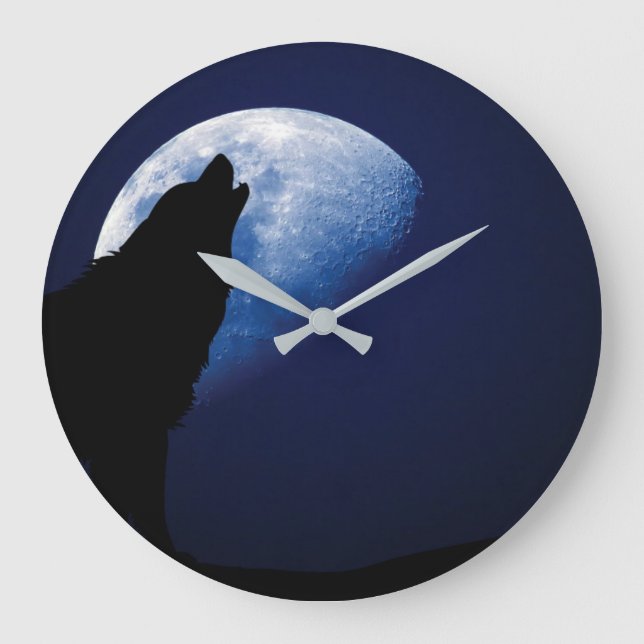 Grande Wolf Howling en el reloj redondo de la luna (Anverso)