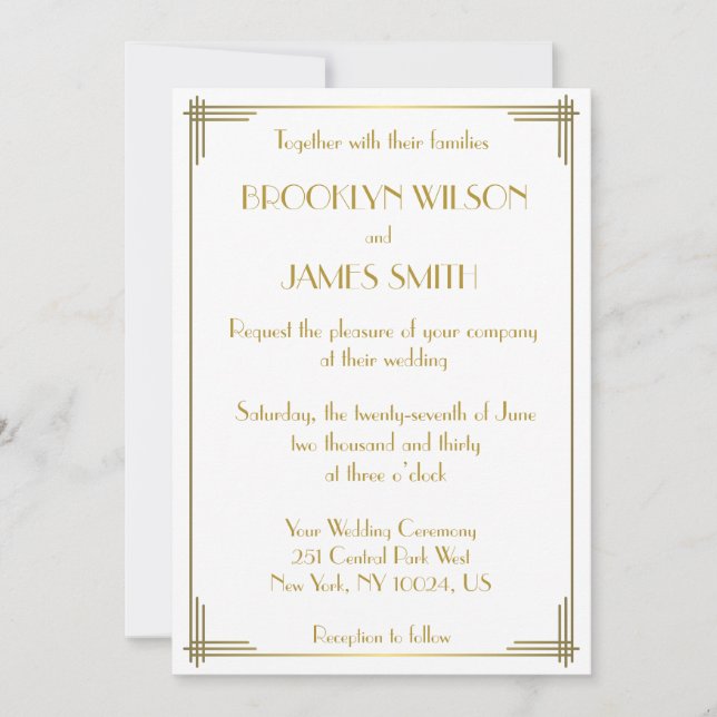 Grandes invitaciones de Boda Gatsby de Oro Art Dec (Anverso)