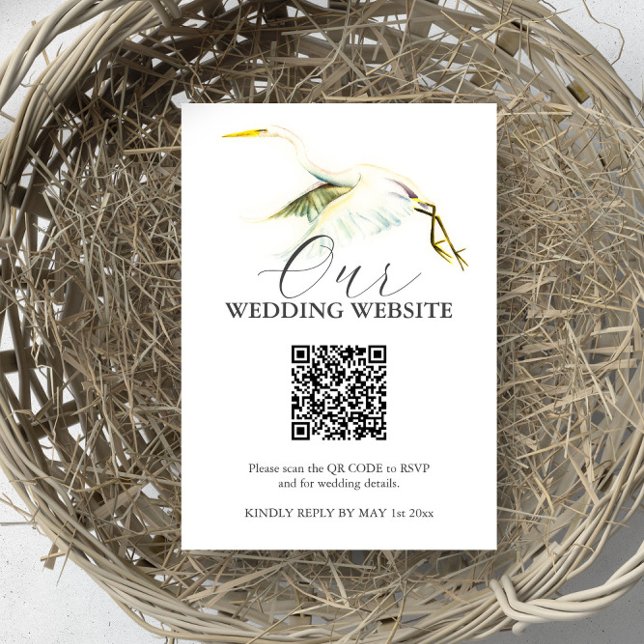 Grandes tarjetas de gabinete de Boda de garza blan (Wedding website card with QR code watercolor tropical bird art by Victoria Grigaliunas DoTellABelle)