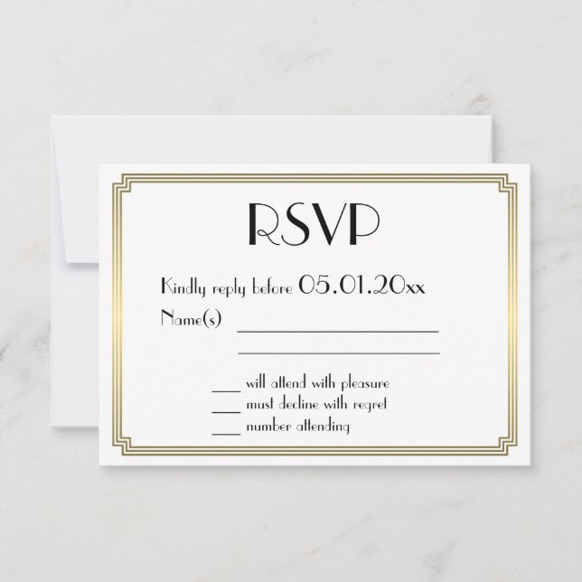 Grandes Tarjetas RSVP de Boda de Oro Gatsby Art De (Anverso)