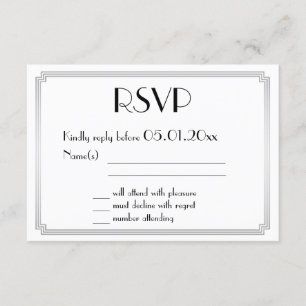 Grandes Tarjetas RSVP de Boda Plata Gatsby Art Dec