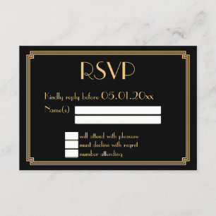 Grandes Tarjetas RSVP de Bodas Negras Gatsby Art D