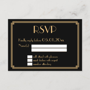 Grandes Tarjetas RSVP de Bodas Negras Gatsby Art D