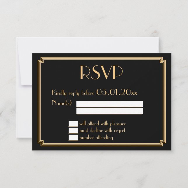 Grandes Tarjetas RSVP de Bodas Negras Gatsby Art D (Anverso)