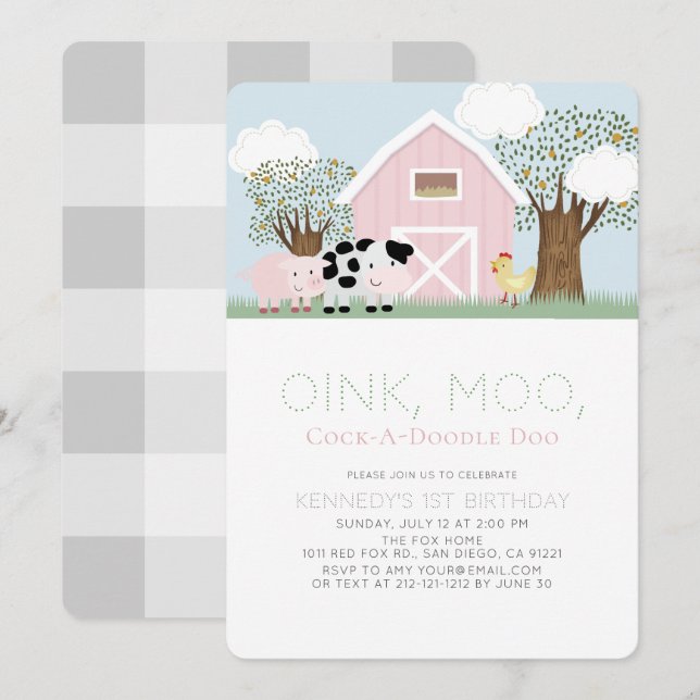 Granja de animales Barnyard Pink Barn Invitación d (Anverso / Reverso)