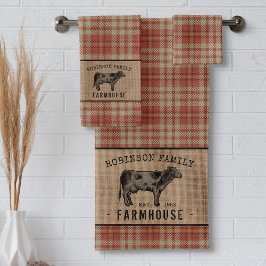 Granja de familia Rústica Vaca Red Plaid Burlap