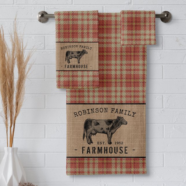 Granja de familia Rústica Vaca Red Plaid Burlap (Subido por el creador)