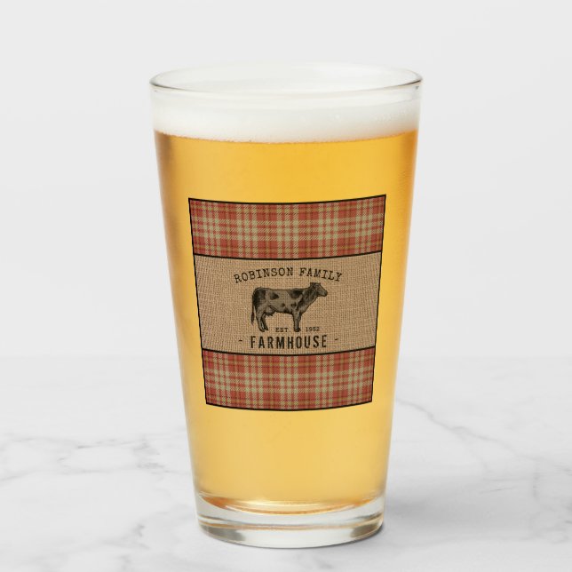 Granja de familia Rústica Vaca Red Plaid Burlap (Anverso (lleno))