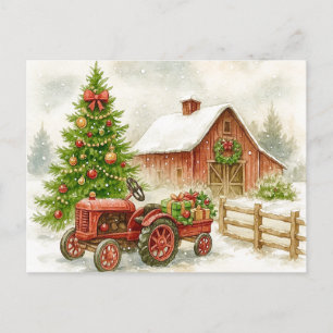 Granja de Navidad Tractor Rojo Mañana Granero Tarj