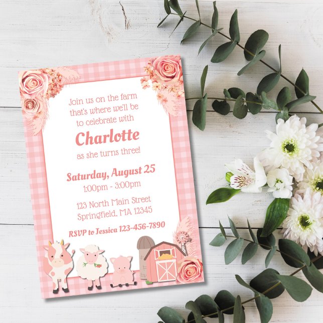 Granja rosa Invitación de cumpleaños Animales flor (Subido por el creador)