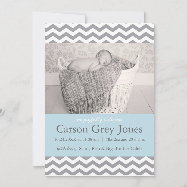 Gray Chevron | Anuncio de nacimiento de Baby Boy (Anverso)