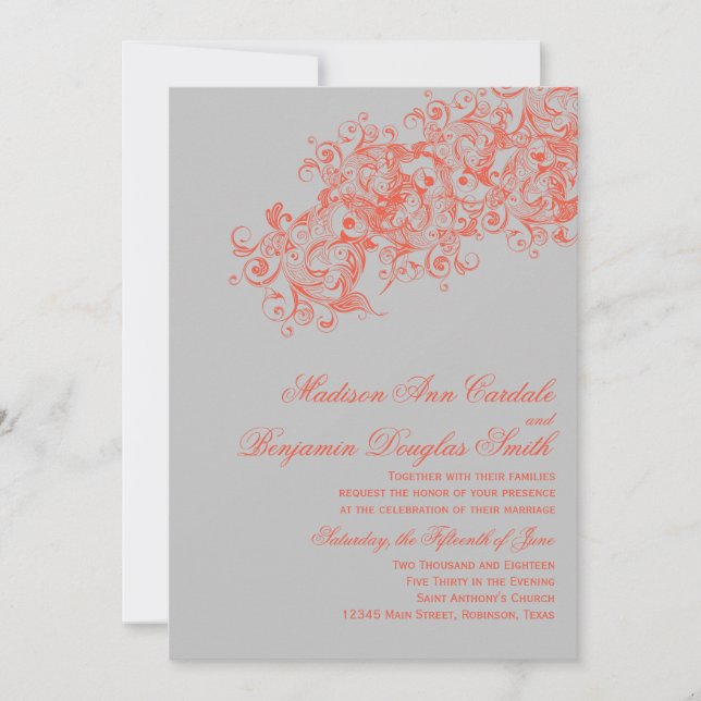 Gray Coral Elegant Flourish Bodas Invitaciones (Anverso)