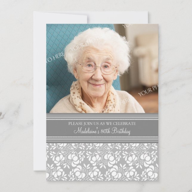 Gray Damask Photo 80th Birthday Party Invitaciones (Anverso)