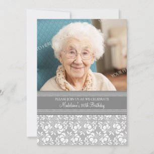 Gray Damask Photo 80th Birthday Party Invitaciones