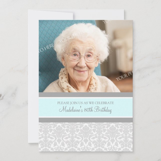 Gray Damask Photo 80th Birthday Party Invitaciones (Anverso)