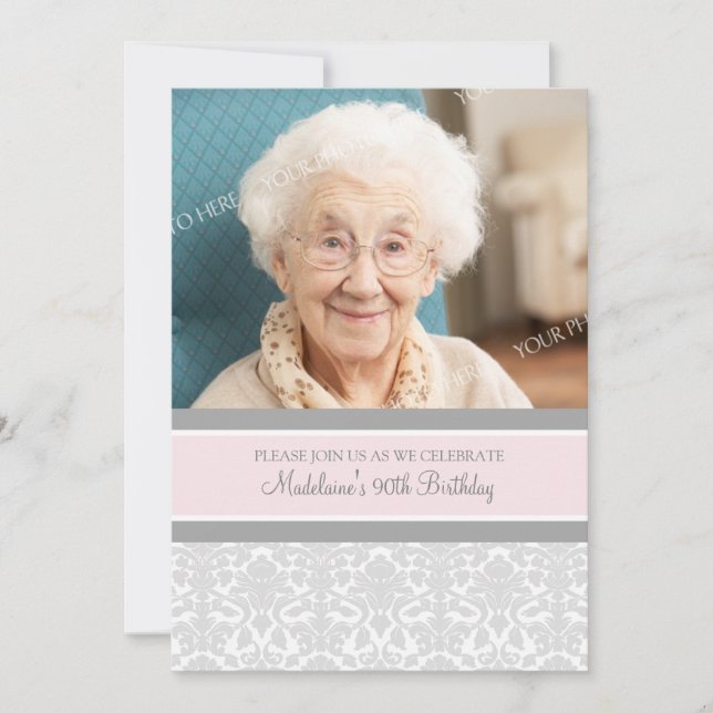 Gray Damask Photo 90th Birthday Party Invitaciones (Anverso)