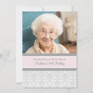 Gray Damask Photo 90th Birthday Party Invitaciones