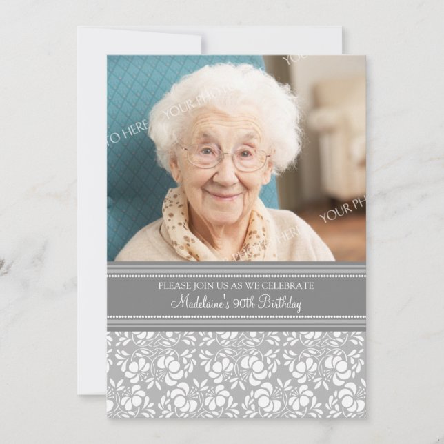 Gray Damask Photo 90th Birthday Party Invitaciones (Anverso)