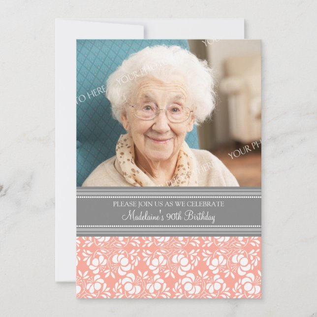 Gray Damask Photo 90th Birthday Party Invitaciones (Anverso)