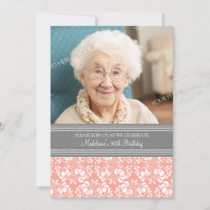 Gray Damask Photo 90th Birthday Party Invitaciones