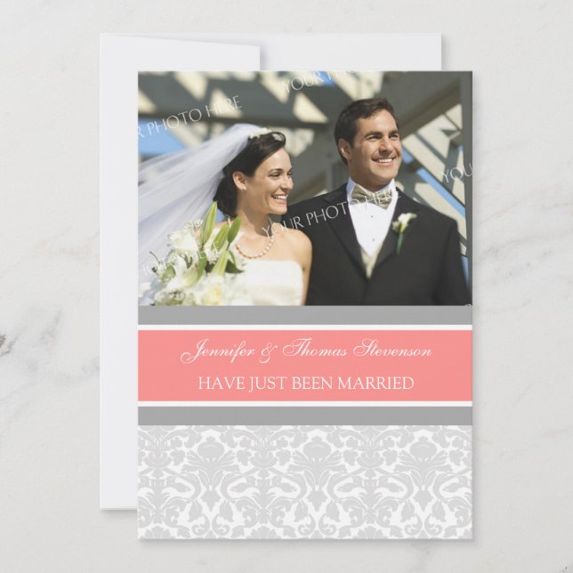 Gray Damask Photo Just Casried Invitación Cards (Anverso)