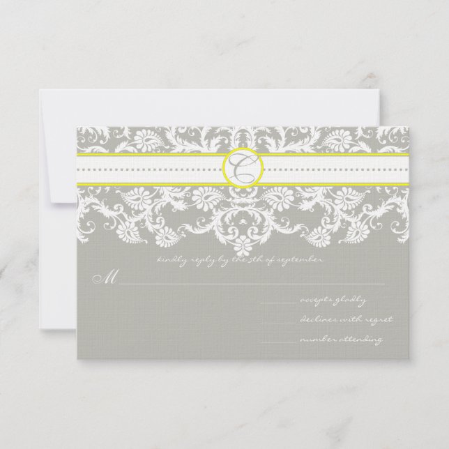 Gray Damask Swirls Boda Amarilla Brillante RSVP (Anverso)
