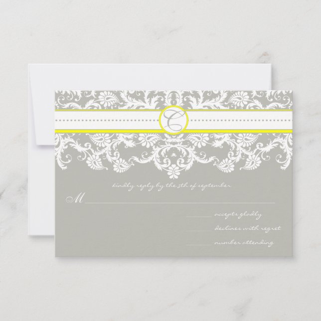 Gray Damask Swirls Boda Amarilla Brillante RSVP (Anverso)