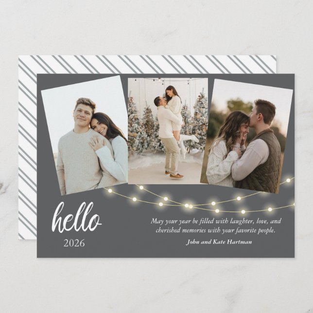 Gray Minimalist Hello New Year Photo Collage (Anverso / Reverso)