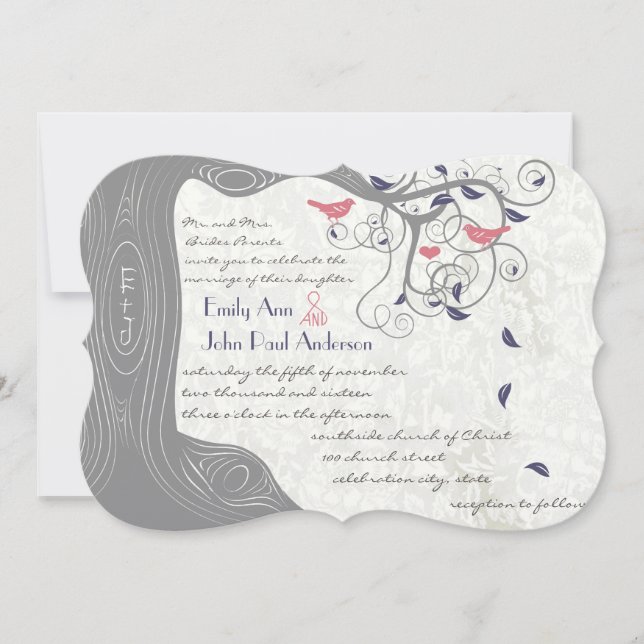 Gray Peach and Navy Love Bird Wedding Invitaciones (Anverso)