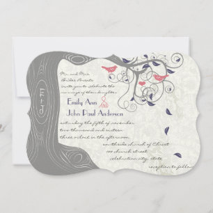 Gray Peach and Navy Love Bird Wedding Invitaciones