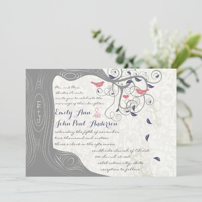 Gray Peach Lapis Blue Love Bird Wedding Invitación (Anverso de pie)