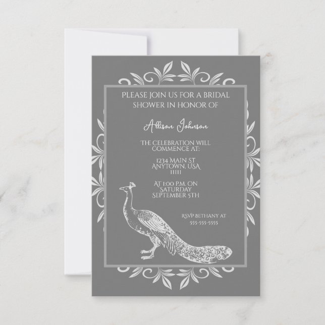 Gray Peacock Flourish Bridal Shower Invitación (Anverso)