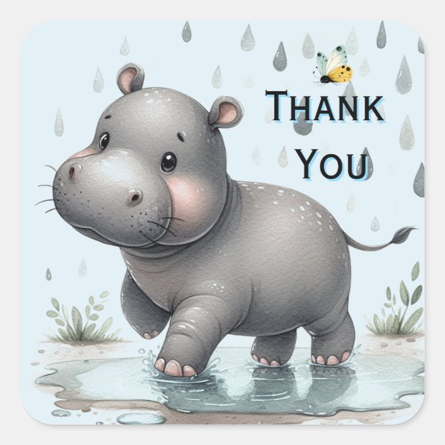 Gray Playous Hippo Gracias Pegatina Cuadrado (Anverso)