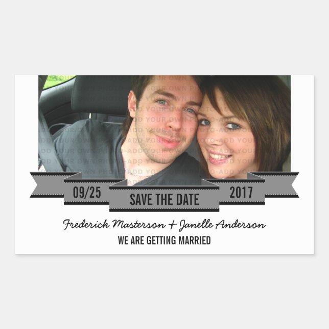 Gray Ribbon Photo Save the Date Pegatinas (Anverso)