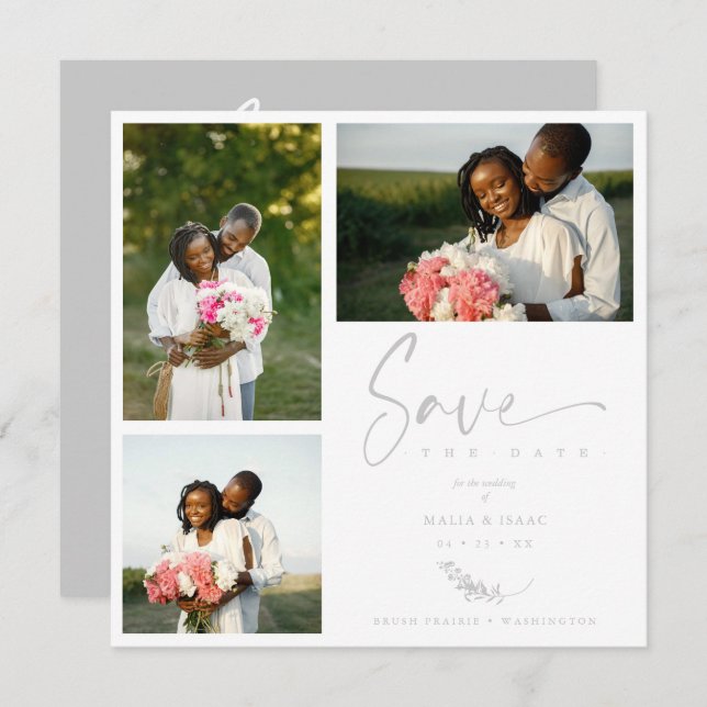 Gray Trendy Branches Wedding Save Date 3 Photos (Anverso / Reverso)