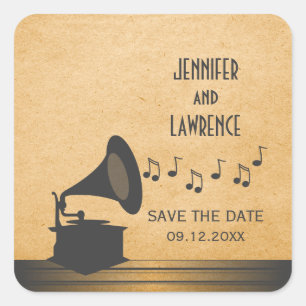 Gray Vintage Gramophone Save the Date Pegatinas