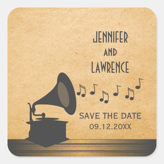 Gray Vintage Gramophone Save the Date Pegatinas (Anverso)