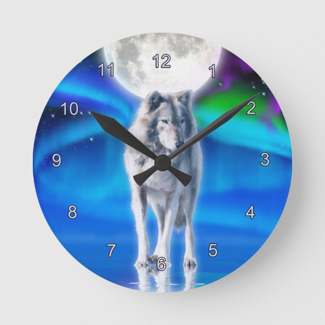 Gray Wolf & Aurora Moon Reloj de arte de vida silv (Anverso)